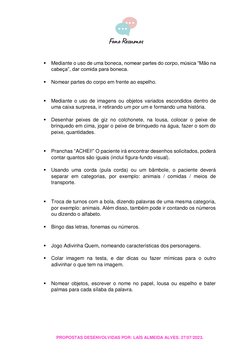  Mediante o uso de uma boneca, nomear partes do corpo, música “Mão na 
cabeça”, dar comida para boneca. 
 
 Nomear pa