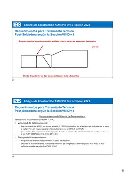 8
Códigos de Construcción ASME VIII Div.1- Edición 2021
El más delgado de  las dos piezas soldadas a tope adyacentes
Espesor