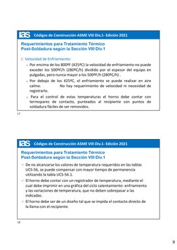 9
Códigos de Construcción ASME VIII Div.1- Edición 2021
Velocidad de Enfriamiento:
» Por encima de los 800ºF (425ºC) la velo