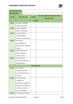 ASSESSMENT VALIDATION CHECKLIST
Unit code and name:
Validation date:
Item No.
Discussion item
Yes/No
You must justify your de