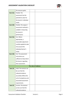 ASSESSMENT VALIDATION CHECKLIST
the assessor guide.
Item 22a:
Flexible: The 
assessment has the 
potential to cater for 
the