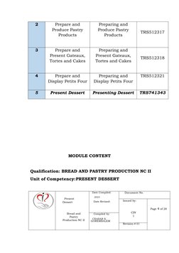 2
Prepare and
Produce Pastry
Products
Preparing and
Produce Pastry
Products
TRS512317
3
Prepare and
Present Gateaux,
Tortes a