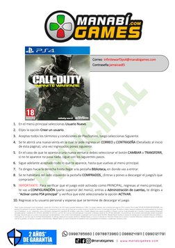 Correo: infinitewarf3ps4@manabigames.com 
Contraseña:jamaicas85 
 
 
 
 
 
 
 
 
1. En el menú principal selecciona