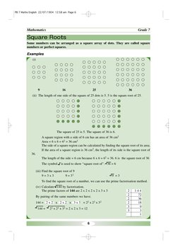 6
Mathematics
Grade 7
Square Roots
Some numbers can be arranged as a square array of dots. They are called square
numbers or