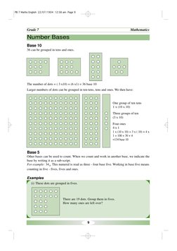 9
Mathematics
Grade 7
Number Bases
Base 10
36 can be grouped in tens and ones.
Base 5
Other bases can be used to count. When