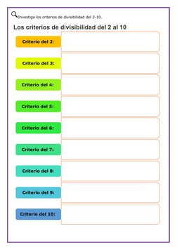Investiga los criterios de divisibilidad del 2-10. 
 
Los criterios de divisibilidad del 2 al 10 
 
 
 
•son divisibles por 2