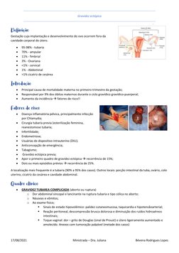 17/08/2021 
Ministrada – Dra. Juliana  
Bévena Rodrigues Lopes 
Gravidez ectópica  
Definição 
Gestação cuja implantação e de