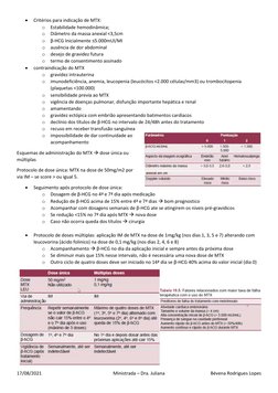 17/08/2021 
Ministrada – Dra. Juliana  
Bévena Rodrigues Lopes 
• 
Critérios para indicação de MTX: 
o Estabilidade hemodinâm