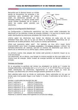 FICHA DE REFORZAMIENTO N° 01 DE TERCER GRADO
APRENDEMOS 
Recuerda que lo átomos tienen un núcleo
donde se encuentran los prot