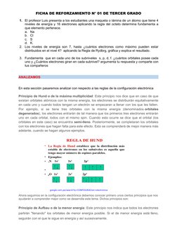FICHA DE REFORZAMIENTO N° 01 DE TERCER GRADO
1.
El profesor Luis presenta a los estudiantes una maqueta o lámina de un átomo