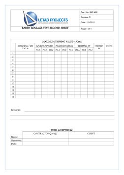 Earth Leakage Test Record Sheet | PDF
