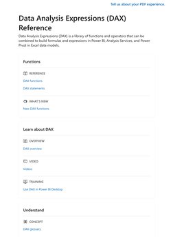 Tell us about your PDF experience. (https://aka.ms/learn-pdf-feedback)
Data Analysis Expressions (DAX)
Reference
Data Analysi