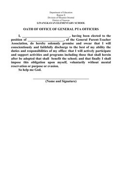 Department of Education
Region X
Division of Misamis Oriental
District of Naawan
LINANGKAYAN ELEMENTARY SCHOOL
OATH OF OFFICE
