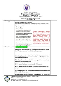Reader-Response Theory Lesson Plan | PDF | Learning | Human Communication
