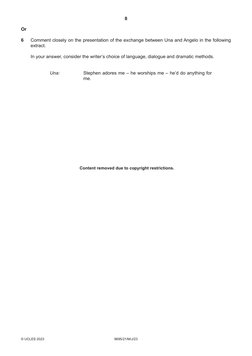 8
9695/21/M/J/23
© UCLES 2023
Or
6 
Comment closely on the presentation of the exchange between Una and Angelo in the followi