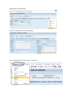 Depois seguir no caminho abaixo.
Informar a chave de acesso da NF de devolução.
Clicar em Documento de Vendas e clicar em “Fo