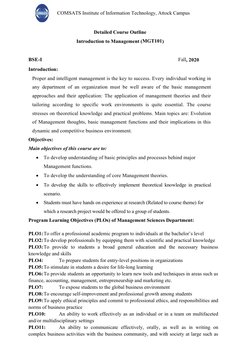 COMSATS Institute of Information Technology, Attock Campus
Detailed Course Outline
Introduction to Management (MGT101)
BSE-I
