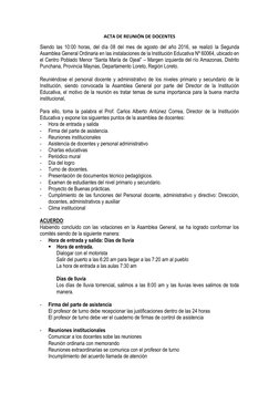 ACTA DE REUNIÓN DE DOCENTES 
Siendo las 10:00 horas, del día 08 del mes de agosto del año 2016, se realizó la Segunda 
Asambl