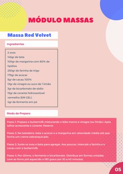 MÓDULO MASSAS
05
 2 ovos
145gr de leite
100gr de margarina com 80% de
lipídios
250gr de farinha de trigo
175gr de acúcar
5gr