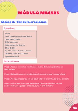 MÓDULO MASSAS
06
 3 ovos 
250gr de cenouras descascadas e
cortada em rodelas
290gr de açúcar 
260gr de farinha de trigo 
210g