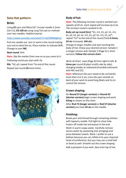 Seto Hat by Raina Kruus © 2019  
3 
Seto Hat pattern: 
Brim: 
Using CC yarn and 40cm/16“ circular needle 2.5mm 
(US 1½), CO 1