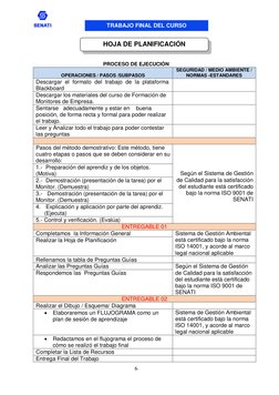 TRABAJO FINAL DEL CURSO 
 
6 
 
 
PROCESO DE EJECUCIÓN 
 
OPERACIONES / PASOS /SUBPASOS  
SEGURIDAD / MEDIO AMBIENTE / 
NORMA