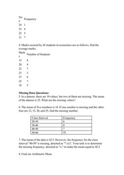 Siz
e
Frequency
24
1
23
4
22
5
21
7
4. Marks secured by 42 students in economics are as follows, find the
average marks.
Mark