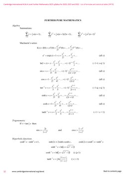 Cambridge International AS & A Level Further Mathematics 9231 syllabus for 2020, 2021 and 2022. List of formulae and statisti