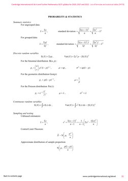 Cambridge International AS & A Level Further Mathematics 9231 syllabus for 2020, 2021 and 2022. List of formulae and statisti