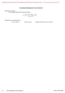 Cambridge International AS & A Level Further Mathematics 9231 syllabus for 2020, 2021 and 2022. List of formulae and statisti