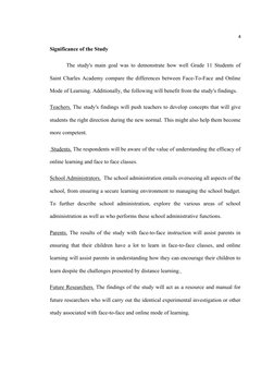 4
Significance of the Study
The study's main goal was to demonstrate how well Grade 11 Students of
Saint Charles Academy comp