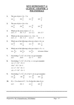 Class 9 Polynomials MCQ Worksheet | PDF | Applied Mathematics | Arithmetic