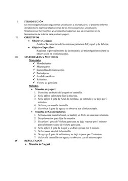 I.
ITRODUCCIÓN
Los microorganismos son organismos unicelulares o pluricelulares. El presente informe 
de laboratorio examinar