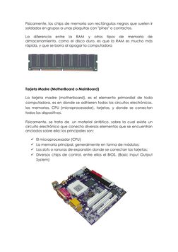 Físicamente, los chips de memoria son rectángulos negros que suelen ir 
soldados en grupos a unas plaquitas con "pines" o con