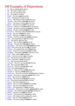 100 Preposition Examples in Sentences | PDF | General Fiction