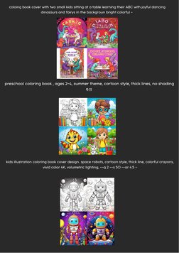 coloing book cover with two small kids sitting at a table learning their ABC with joyful dancing
dinosaurs and fairys in the