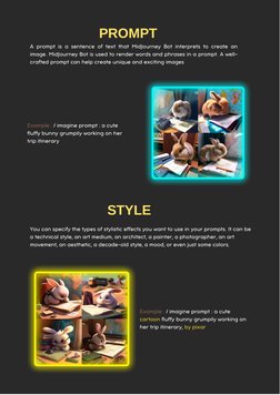 STYLE
PROMPT
Example : / imagine prompt : a cute
fluffy bunny grumpily working on her
trip itinerary
A prompt is a sentence o