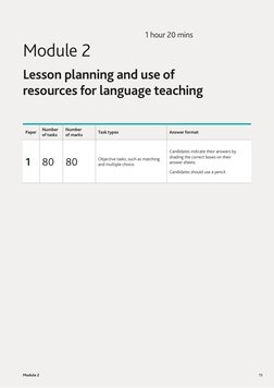 1 hour 20 mins 
Module 2 
Lesson planning and use of 
resources for language teaching 
Paper 
Number 
of tasks 
Nu