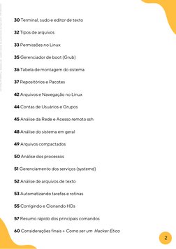 2
30 Terminal, sudo e editor de texto
32 Tipos de arquivos
33 Permissões no Linux
35 Gerenciador de boot (Grub)
36 Tabela de