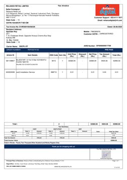 GSTIN:19AABCR1718E1ZM
Tax Invoice
Customer Support : 022-4111 7877
Email: reliancedigital@ril.com
State Code  :  19
RELIANCE