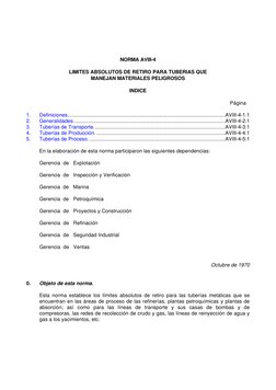 NORMA AVIII-4
LIMITES ABSOLUTOS DE RETIRO PARA TUBERIAS QUE
MANEJAN MATERIALES PELIGROSOS
INDICE
Página
1. 
Definiciones.....
