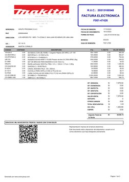 R.U.C.:  20515100548
F001-47426
LOS HEROES PS 1 NRO. 714 ZONA D  SAN JUAN DE MIRAFLOR LIMA LIMA
DIRECCIÓN:
20608044648
GRUPO