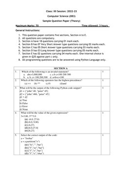 Class: XII Session: 2022-23
Computer Science (083)
Sample Question Paper (Theory)
Maximum Marks: 70
Time Allowed: 3 hou