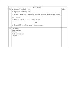 SECTION E
34 (a) degree = 9 cardinality = 20
(b) degree = 8 cardinality = 28
(c) (i) Select Name, fare, f_date from pa