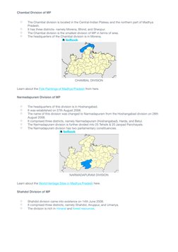 Chambal Division of MP
◦
The Chambal division is located in the Central-Indian Plateau and the northern part of Madhya 
Prade