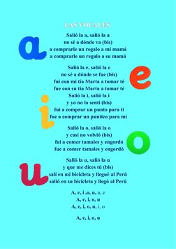 LAS VOCALES 
Salió la a, salió la a
no sé a dónde va (bis)
a comprarle un regalo a mi mamá
a comprarle un regalo a su mamá
Sa