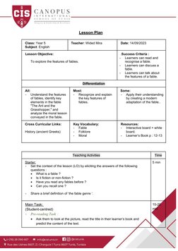 Lesson Plan
Class: Year 5
Subject: English
Teacher: Wided Mira
Date: 14/09/2023
Lesson Objective: 
To explore the features of