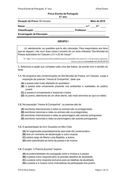 Prova Escrita de Português, 9.º ano
(Para)Textos
GRUPO I 
Lê, atentamente, as questões que te são colocadas. Para responderes