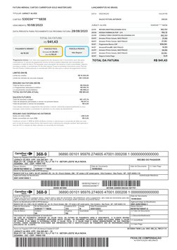 FATURA MENSAL CARTÃO CARREFOUR GOLD MASTERCARD
TITULAR: JURACY ALVES
CARTÃO: 530034******6838
VENCIMENTO: 10/08/2023
DATA PRE