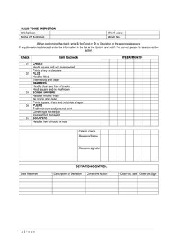 1 | P a g e
HAND TOOLS INSPECTION 
Workplace: 
Work Area: 
Name of Assessor: 
Asset No. 
When performing the check write G fo